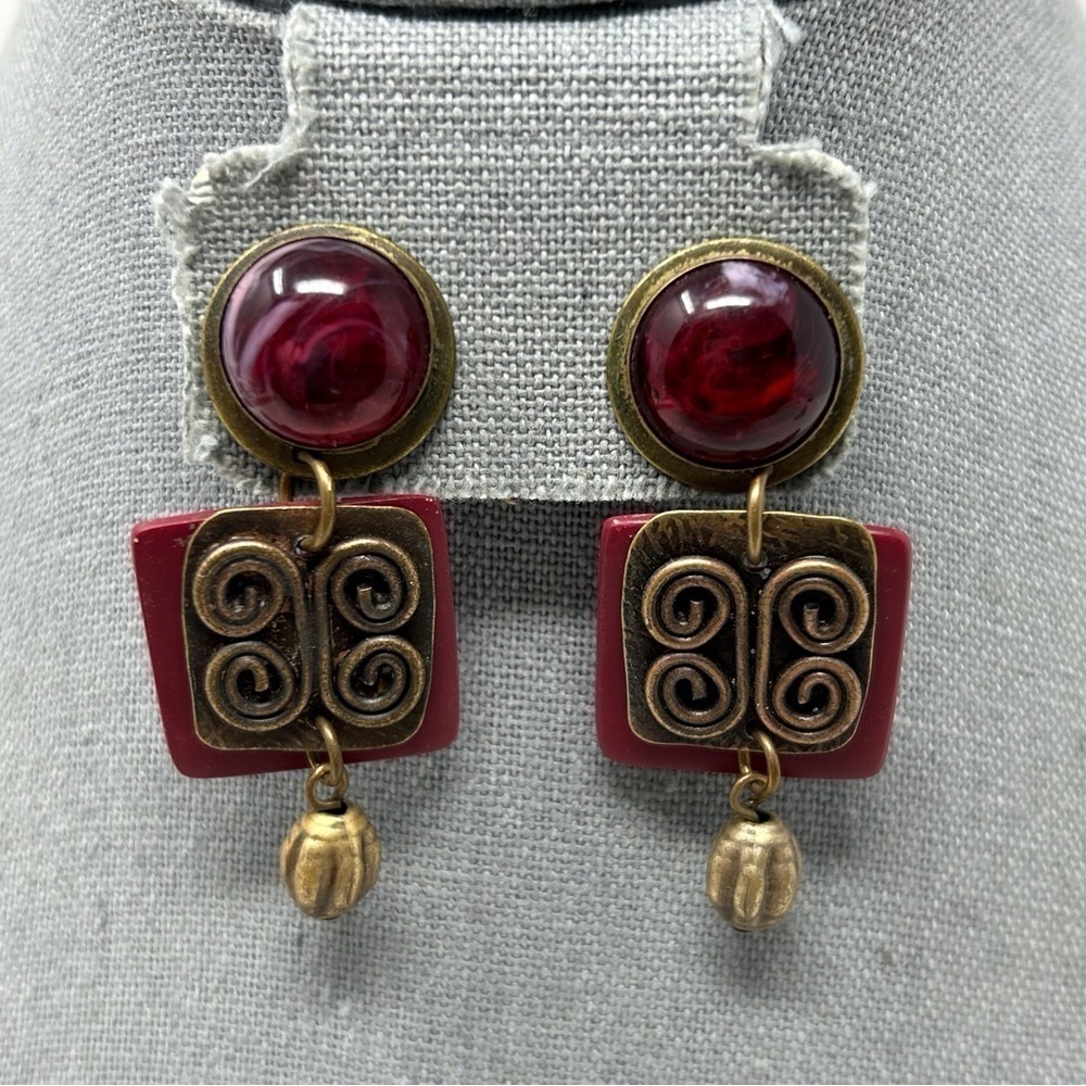 Boho Red Swirl Stud Dangle Earrings with Bronze Swirl Knotted Design Unique
